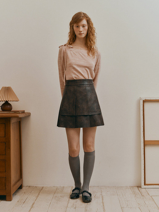 LEATHER PLEATED SKIRT_BROWN