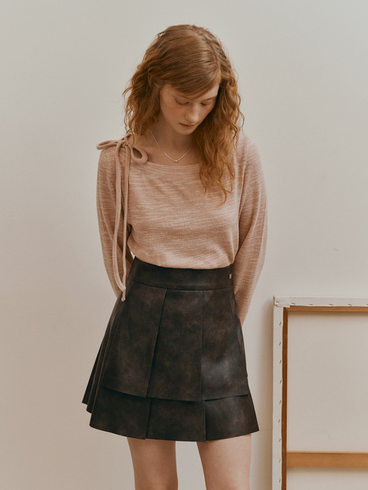 LEATHER PLEATED SKIRT_BROWN