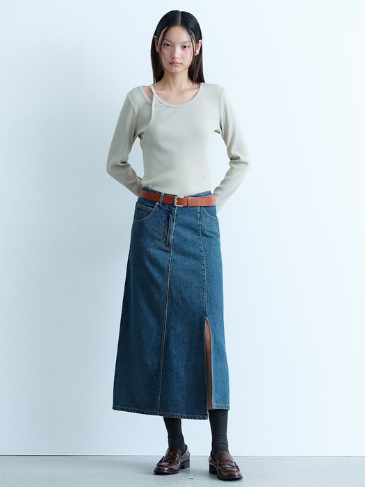 Unbalance Denim Long Skirt  Blue (KE4827M52P)