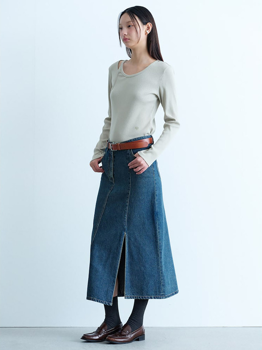 Unbalance Denim Long Skirt  Blue (KE4827M52P)