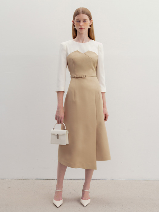 ZINNIA Round neck bustier detailed long dress (Beige/Black)