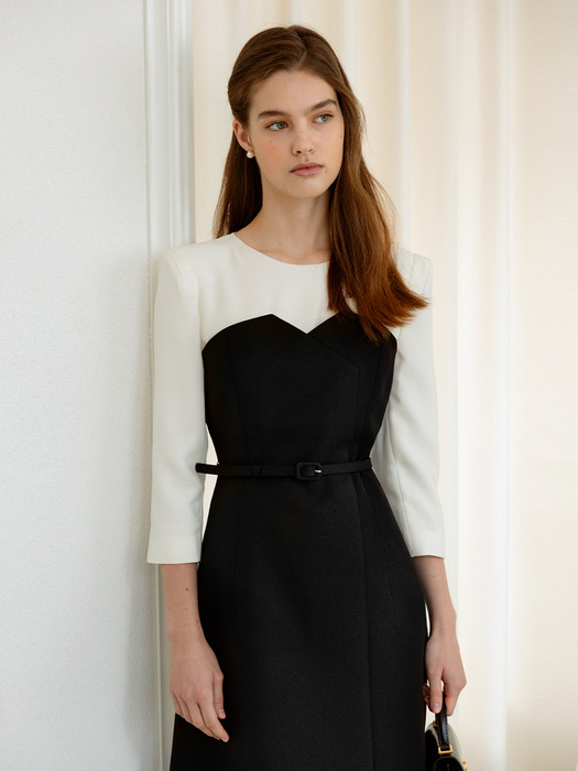 ZINNIA Round neck bustier detailed long dress (Beige/Black)