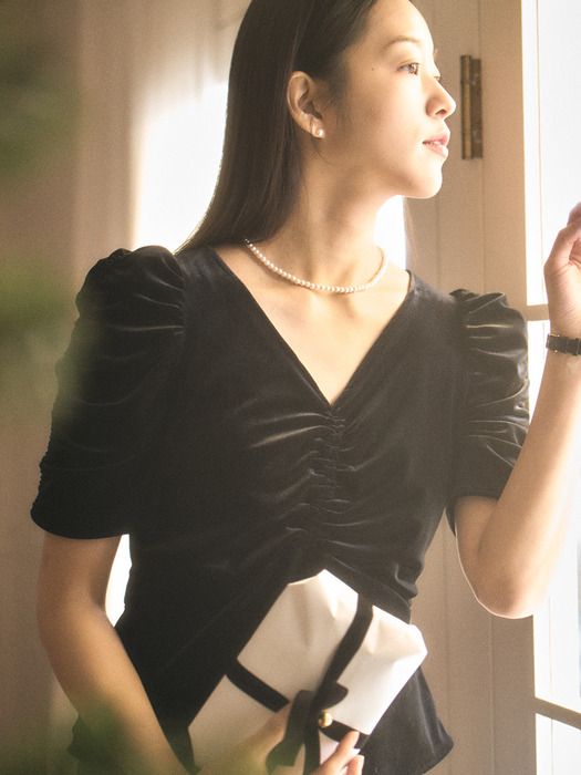 Velvet Shirring Blouse_Black