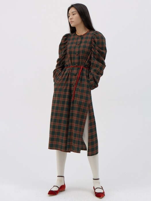 Checked puff-sleeve cotton shirt dress [khaki]