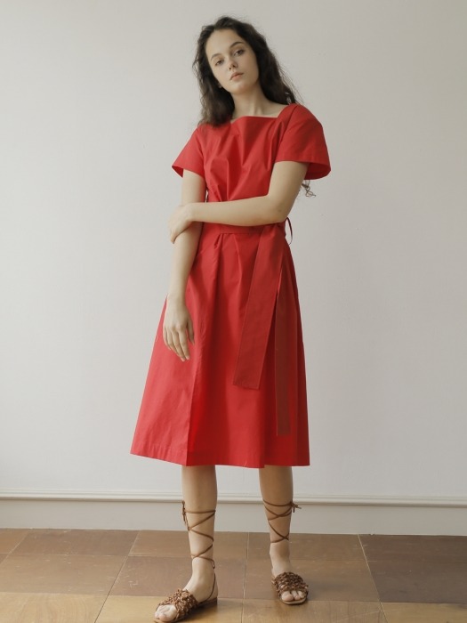 19SS SQUARE NECK COTTON DRESS /RED