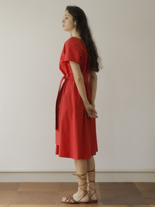 19SS SQUARE NECK COTTON DRESS /RED