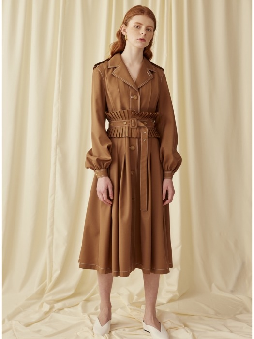 Camel Pleated  Belted Coat 