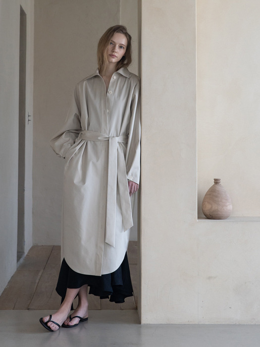 Trench Belted Shirts Long Dress_Ivory Beige