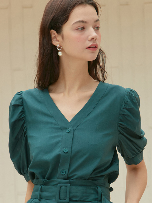 iuw751 linen v neck puff blouse (green)