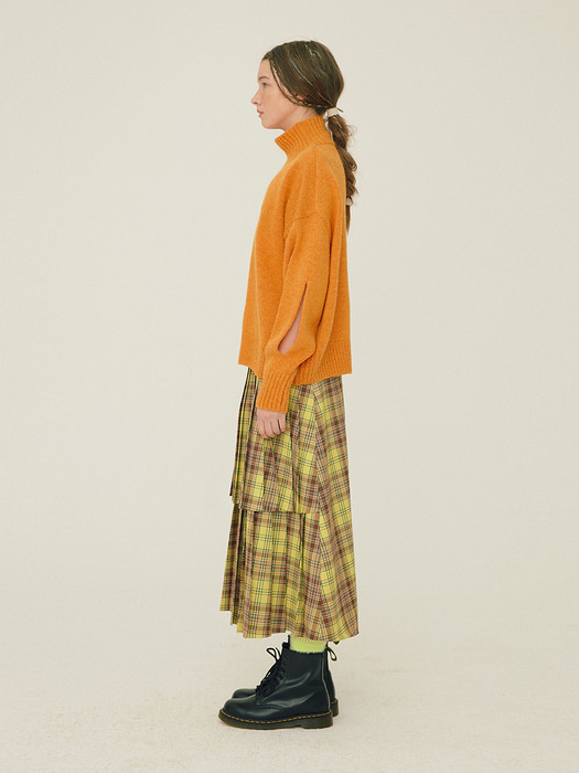 Pleats-layer Skirt_Grayish lemon-check pattern
