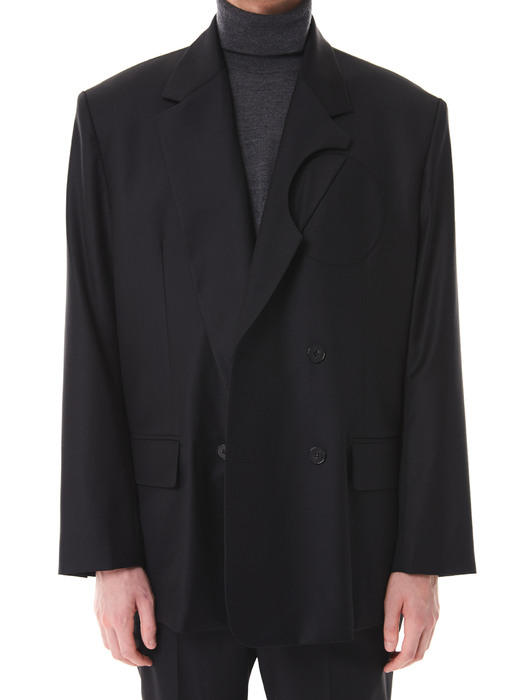 Oversized Lapel Circle Cropped  Wool Jacket (BLACK)