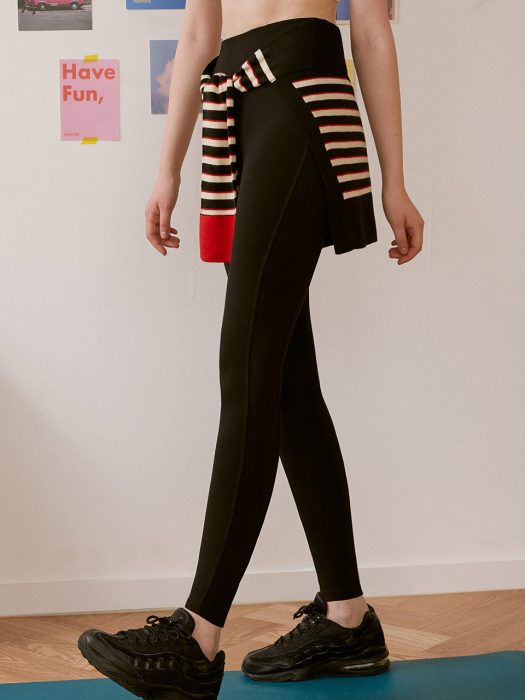 (LS-20564) DETACHABLE STRIPE KNIT TIED-UP LEGGINGS BLACK