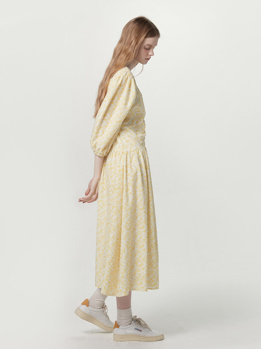 Printed shirring dress - Yellow flower