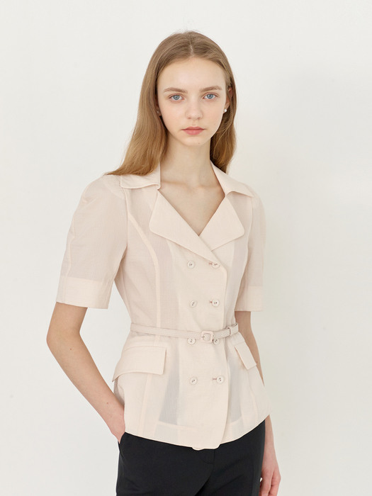 [미전시]CAMILA Short sleeve double-breasted jacket (Cream stripe)