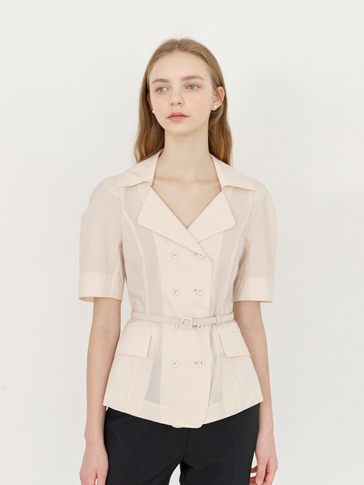 [미전시]CAMILA Short sleeve double-breasted jacket (Cream stripe)