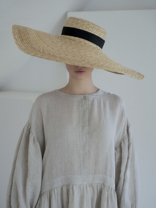 [Linen100%]Franch linen washer in butten volume sleeve dresses