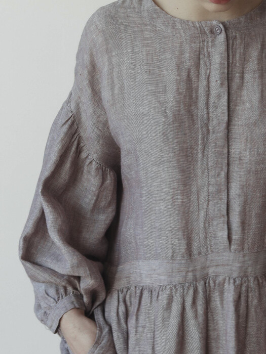 [Linen100%]Franch linen washer in butten volume sleeve dresses