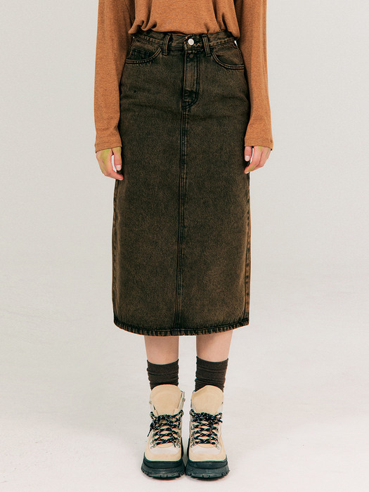 Color-dying Denim Skirt_Dark Brown