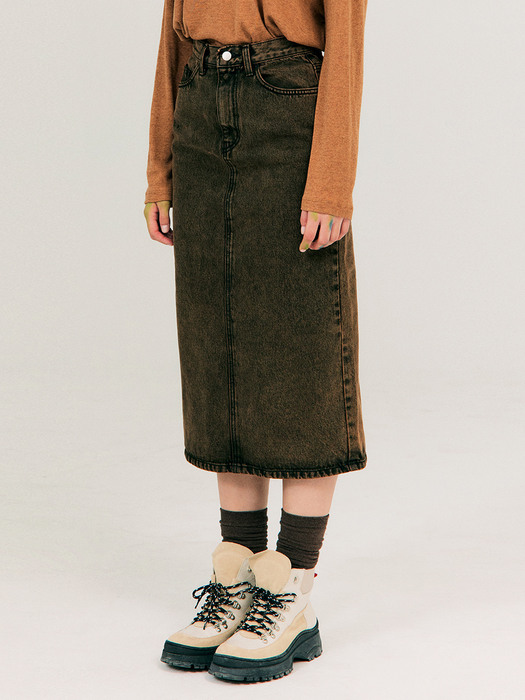 Color-dying Denim Skirt_Dark Brown