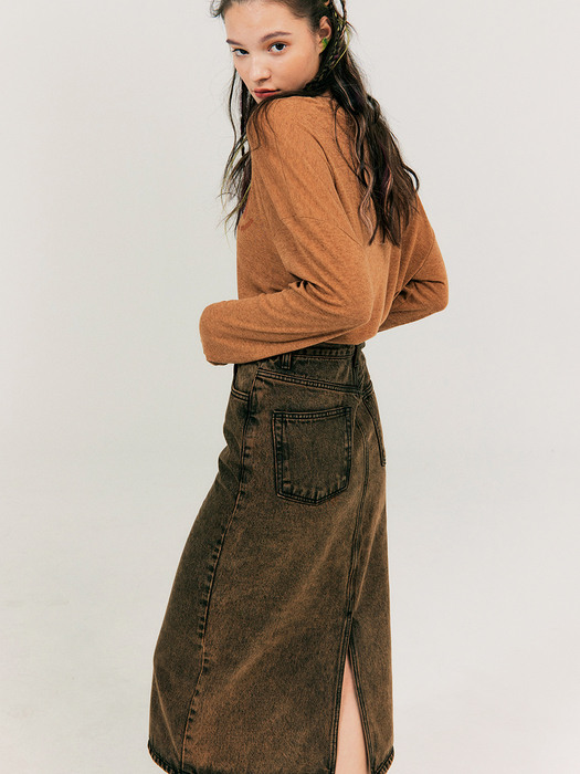 Color-dying Denim Skirt_Dark Brown