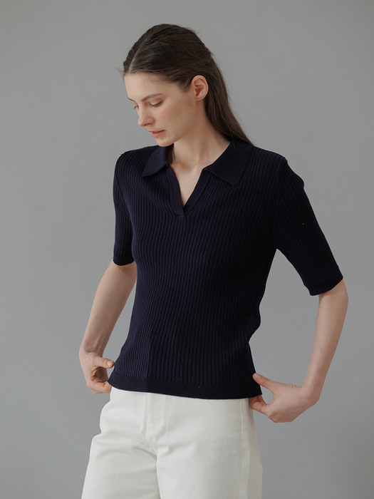 Ribbed Collar Knit(Navy)