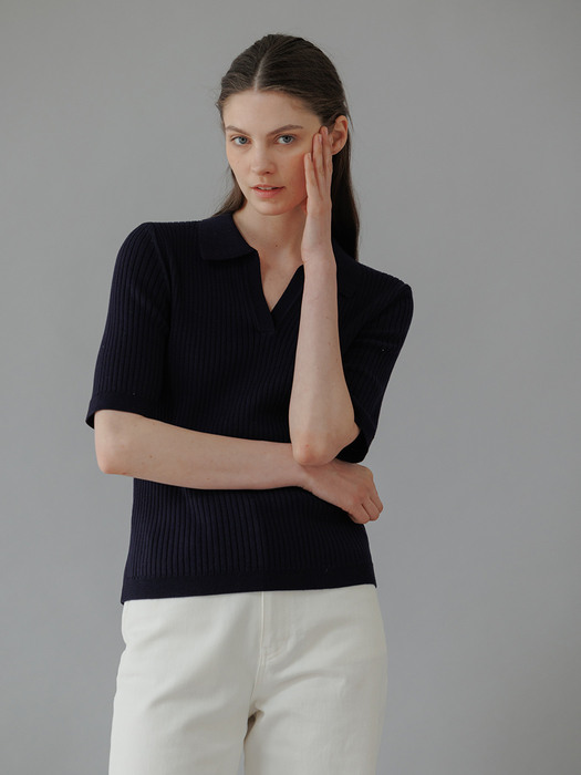 Ribbed Collar Knit(Navy)