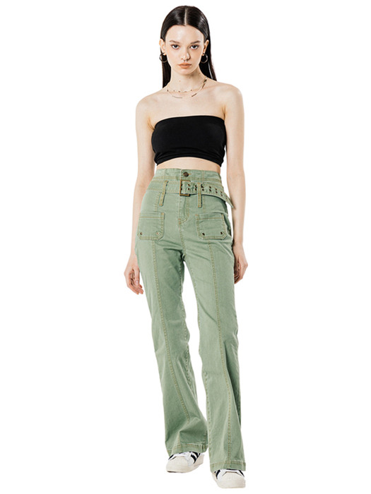 STITCH POINT BELTED BOOTS CUT PANTS [GREEN]
