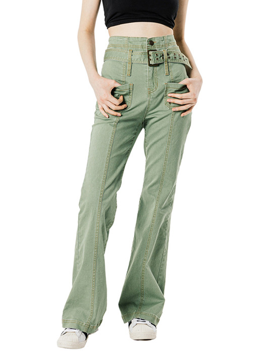 STITCH POINT BELTED BOOTS CUT PANTS [GREEN]