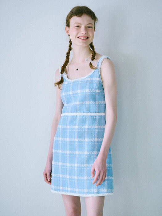 CHECK TWEED DRESS - sky blue