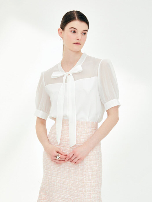 RUAH Organza tie short sleeve blouse (Ivory)