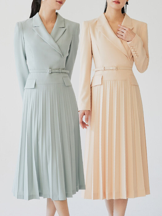 [미전시]NADIA Classic notched collar pleated dress (Light mint/Cream apricot)
