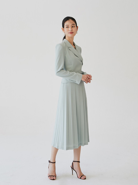 [미전시]NADIA Classic notched collar pleated dress (Light mint/Cream apricot)