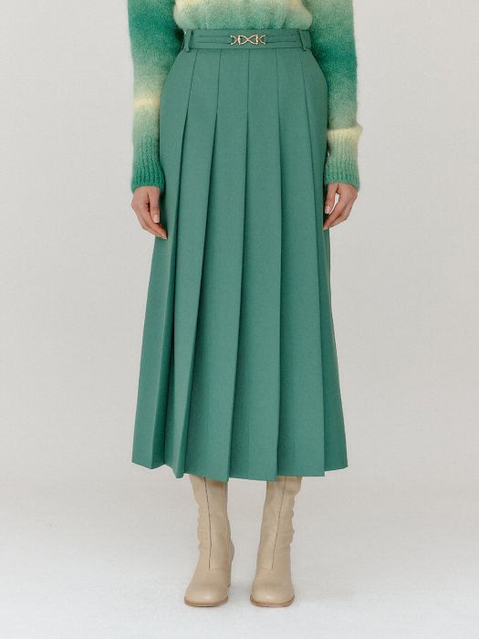 VELODY Gold-trimmed Pleated Skirt - Green