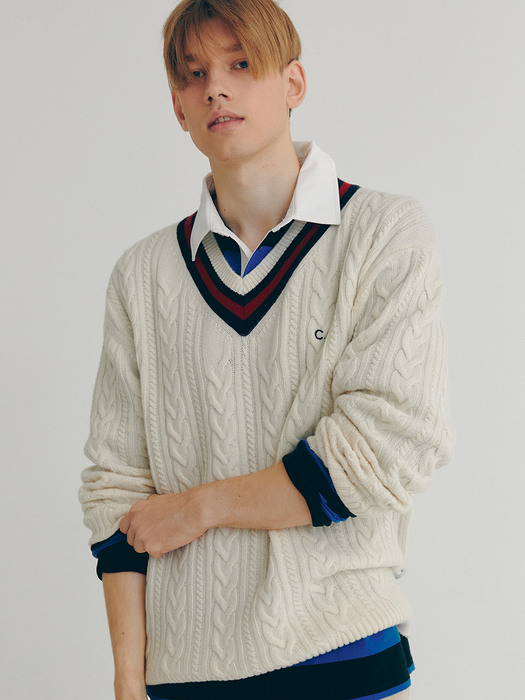 Cricket Cable V-Neck Knit_Men (Ivory)