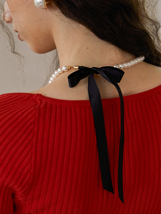 Romantic pearl ribbon tied necklace (2 color)