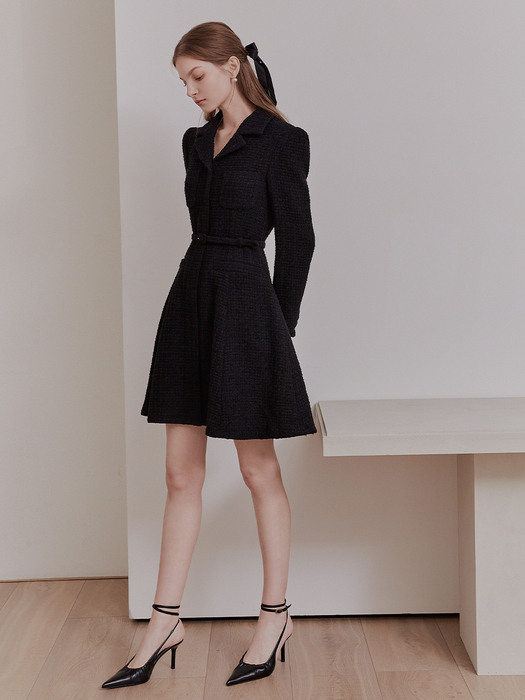 LEONIE Notched collar flared tweed wool dress (Butter/Black)