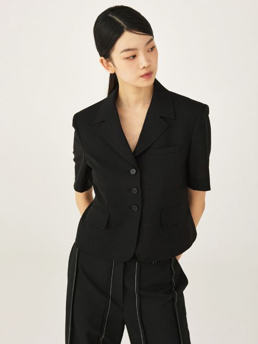 [SUMMER WOOL] 3BUTTON DARTS HALF SLEEVE JK (BLACK)