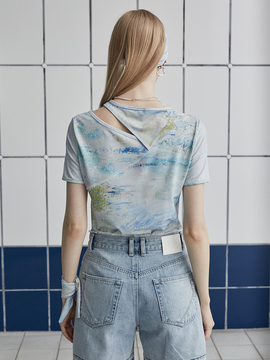 MARTA Printed Cut-Out Jersey Crop Top_Blue