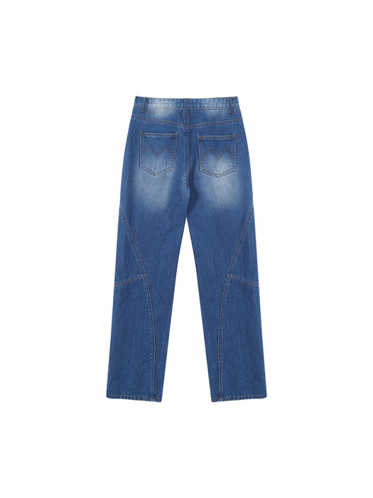 EMBROIDERY BRUSHED LOOSE SILHOUETTE DENIM PANTS IN BLUE