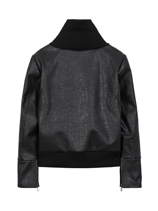 HIGH NECK LINE FAUX LEATHER JACKET_BLACK