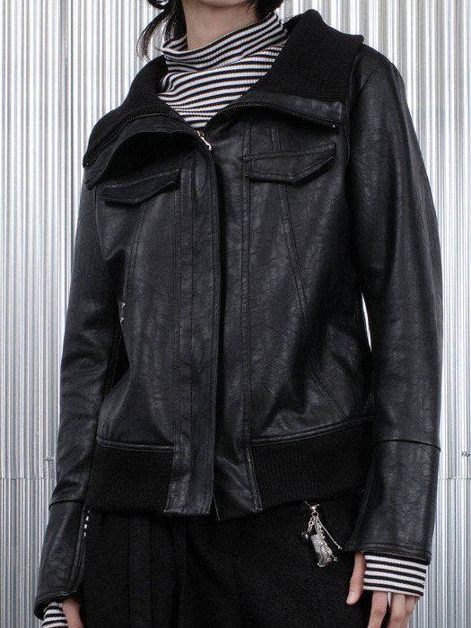 HIGH NECK LINE FAUX LEATHER JACKET_BLACK