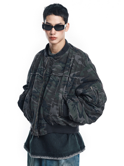 Washed camo cropped bomber jacket - dark gray