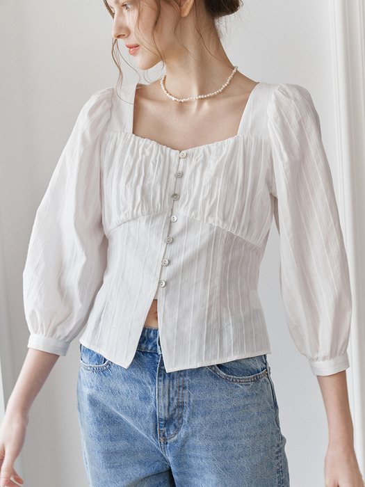 [단독] HEART NECK SHIRRING BLOUSE_WHITE