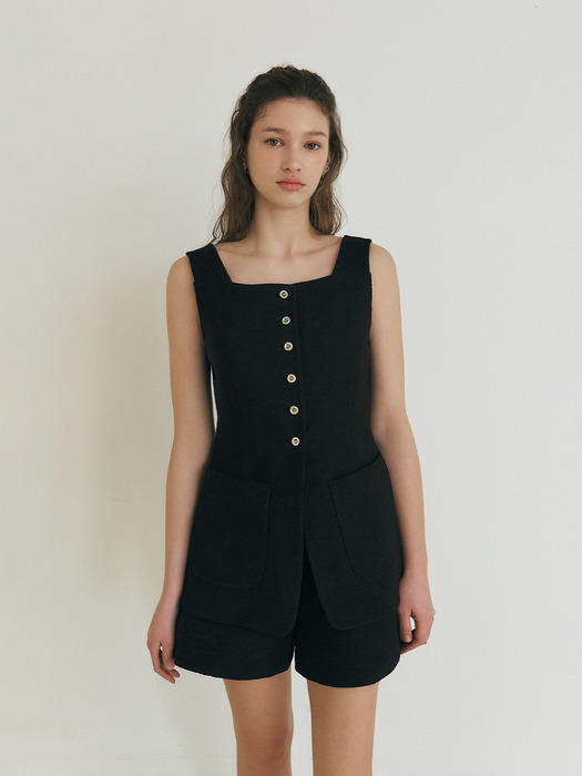 [04사이즈-4/6재입고]BENNY square neck Solid Tweed long vest_Black