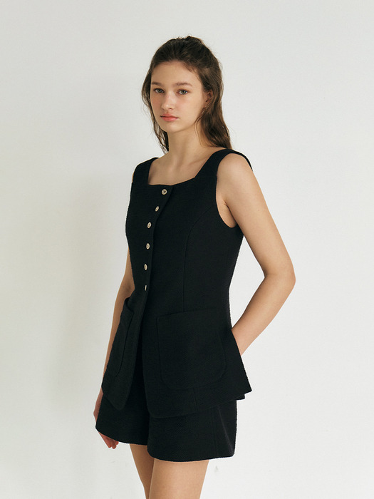 [04사이즈-4/6재입고]BENNY square neck Solid Tweed long vest_Black