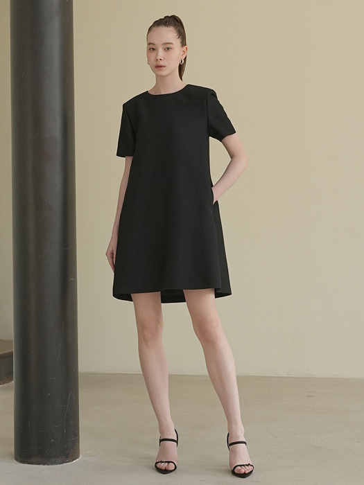 Mikado Silk A-line Half sleeve Dress Black