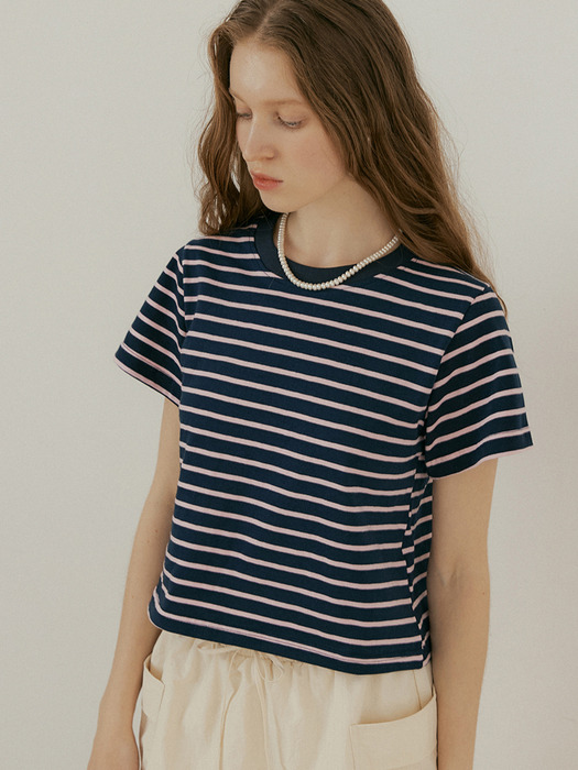 BASIC STRIPE T-SHIRT - NAVY / PINK