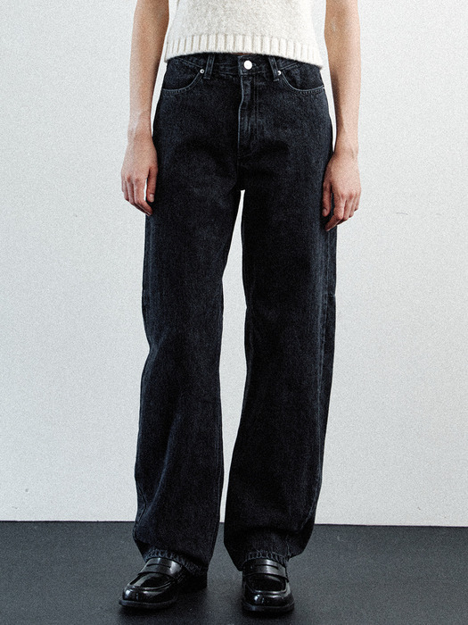 black denim curved pants (black)