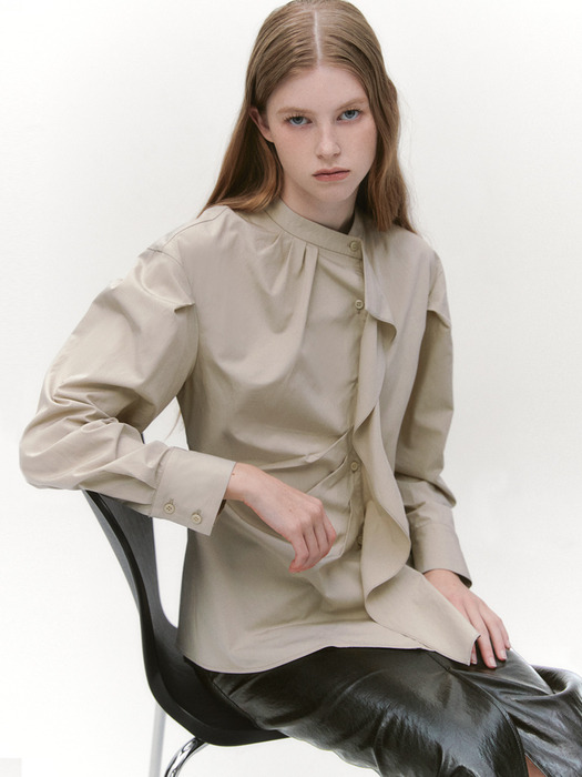 Unbalance Tuck Drape Blouse BEIGE