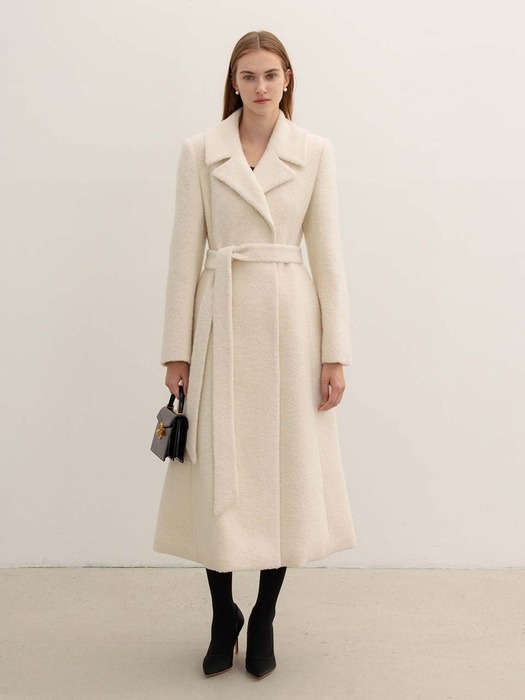 HARMONY Belted flared boucle long coat (Cream)